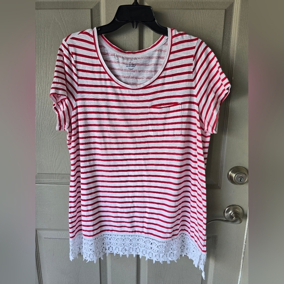 Charter Club Crochet-Hem Tunic Top 1X Women Red White Slit 100% Cotton Light - Picture 5 of 10